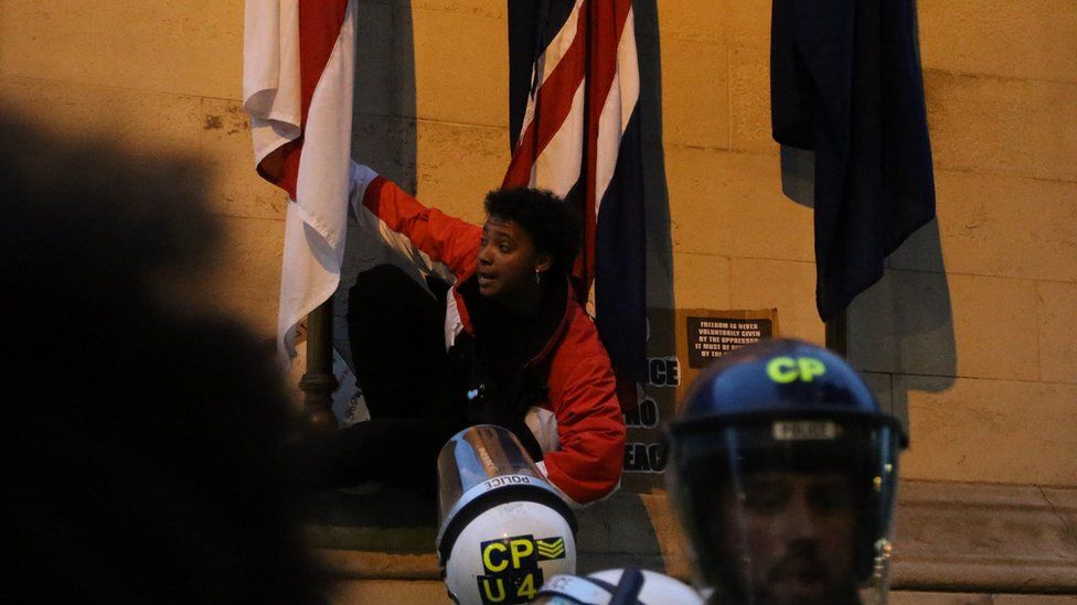 A close-up of the protester