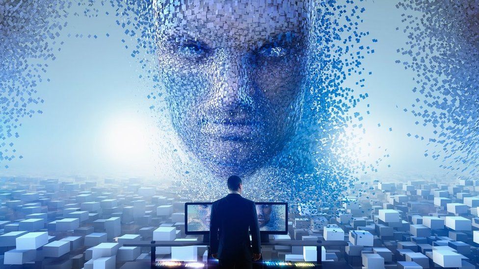 AI face with man standing by computers