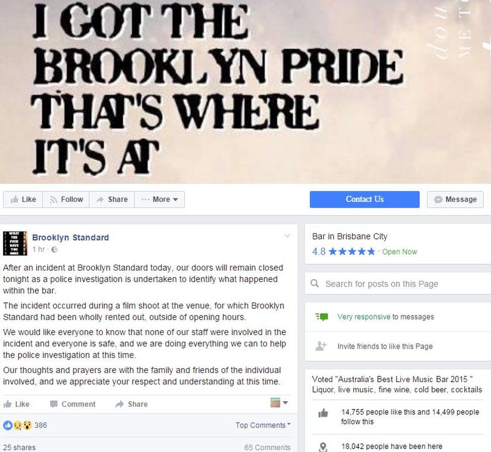 Screenshot of Brisbane bar Brooklyn Standard's statement on shooting