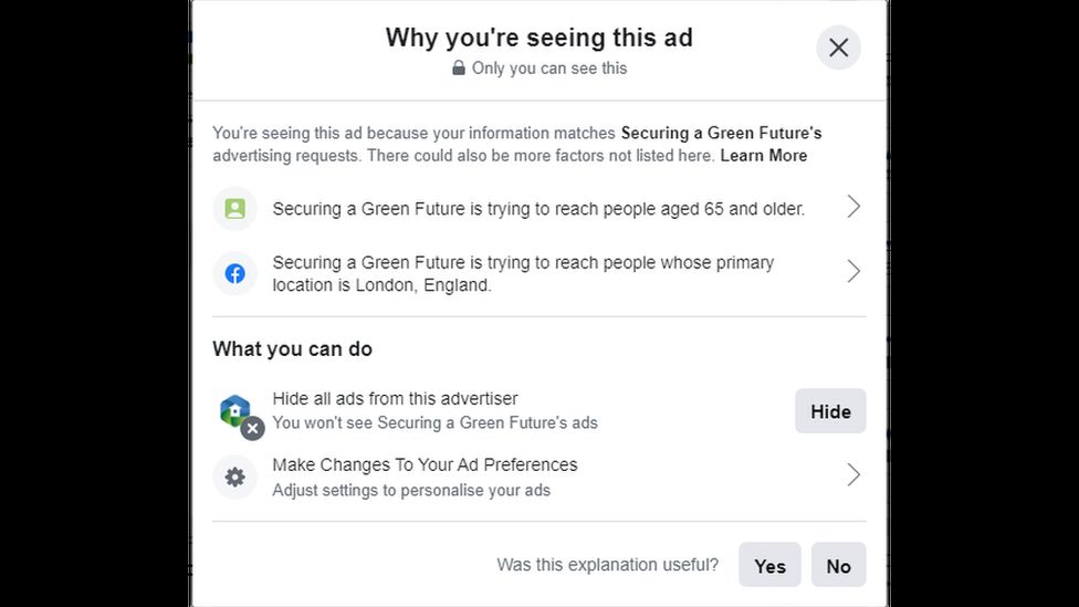 Facebook says the ads are targeted at people over 65