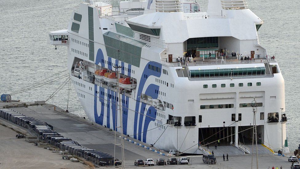 A ship moored in Barcelona to house police reinforcements, 21 September