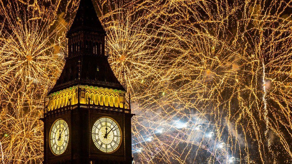 Fireworks explode behind Big Ben in central London