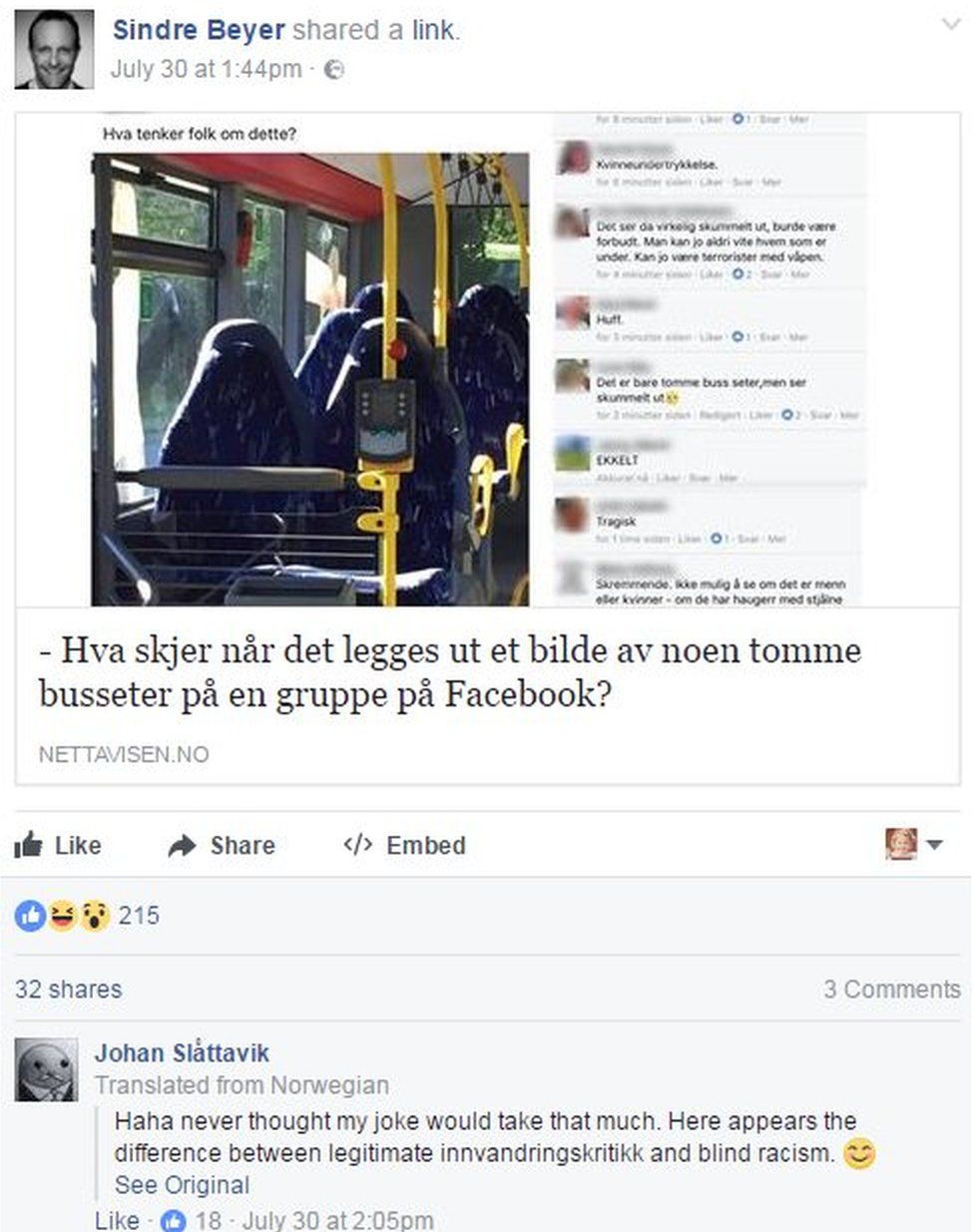 Пост в Facebook о пустых сиденьях в автобусе с реакцией Йохана Слаттавика под ним