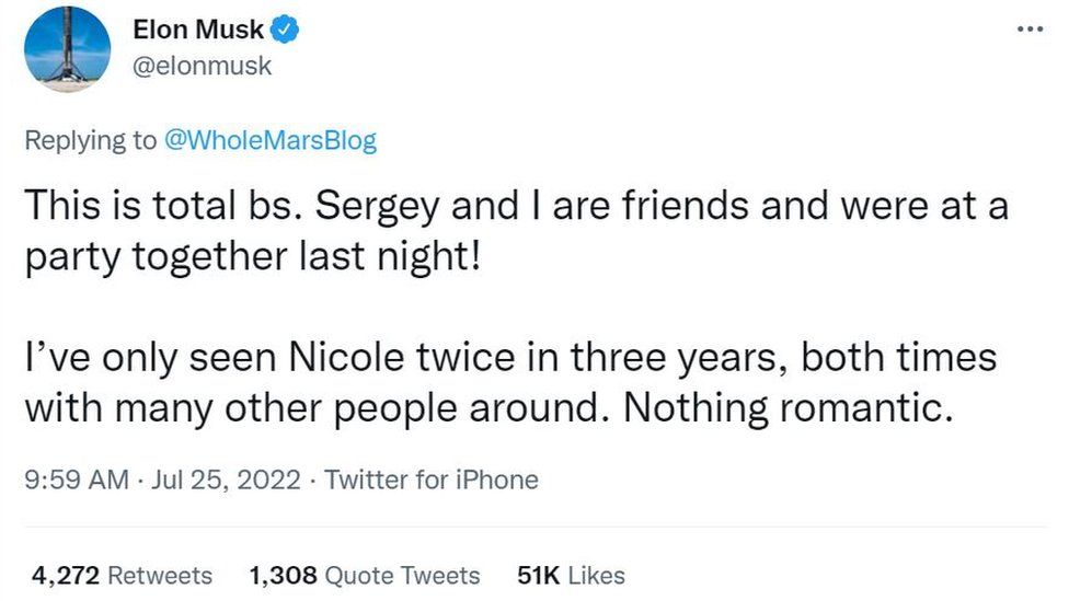 Elon Musk tweet denying affair with Nicole Shanahan.