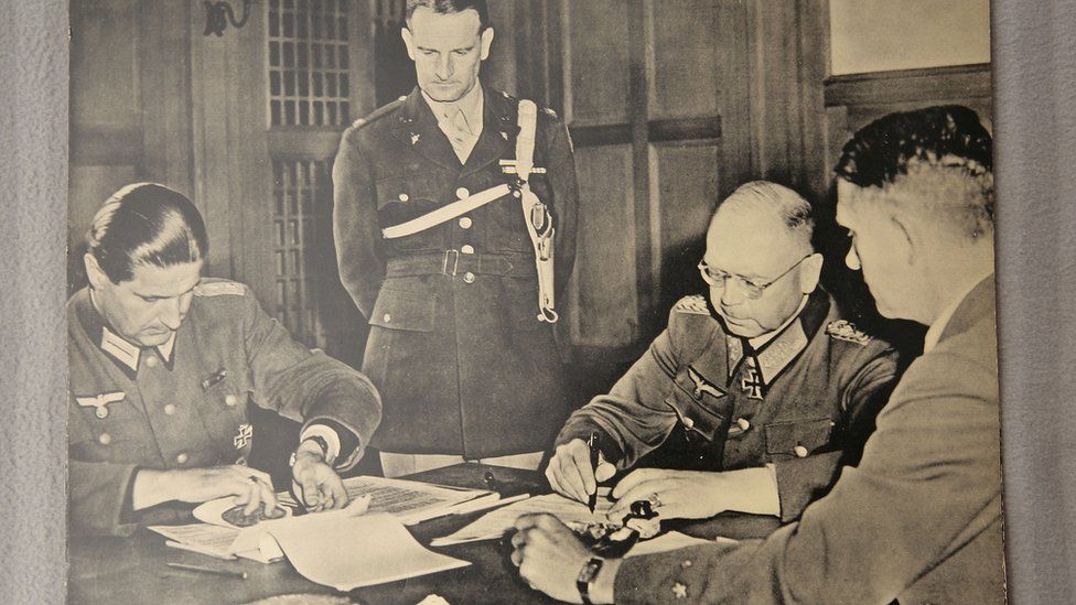 General Brandenberger signing Nazi Germany's unconditional surrender