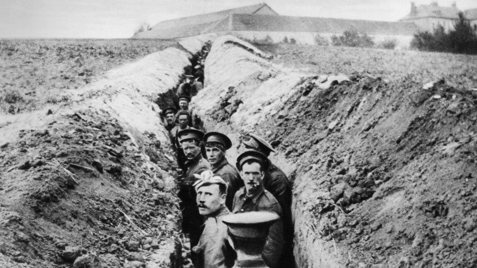 British soldiers lined up in a narrow trench during World War I