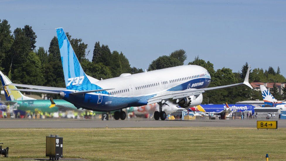 Boeing 737 MAX 10 airliner takes off from Renton Municipal Airport