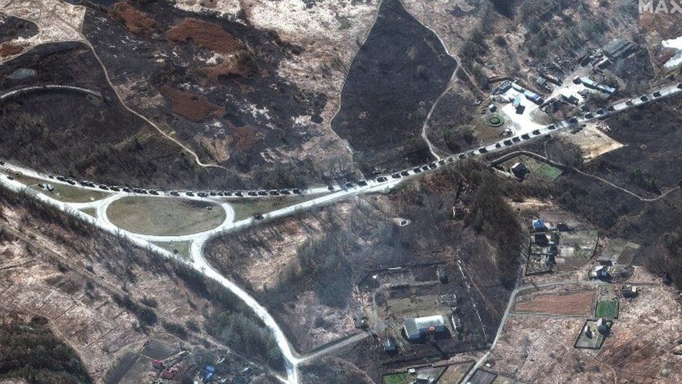A satellite image shows part of a Russian military convoy not far from Kyiv, Ukraine. Photo: 28 February 2022