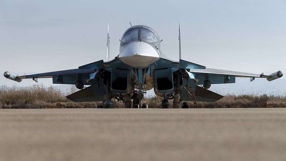 A Russian Sukhoi Su-34 fighter jet at the Hmeymim air base, near Latakia in Syria