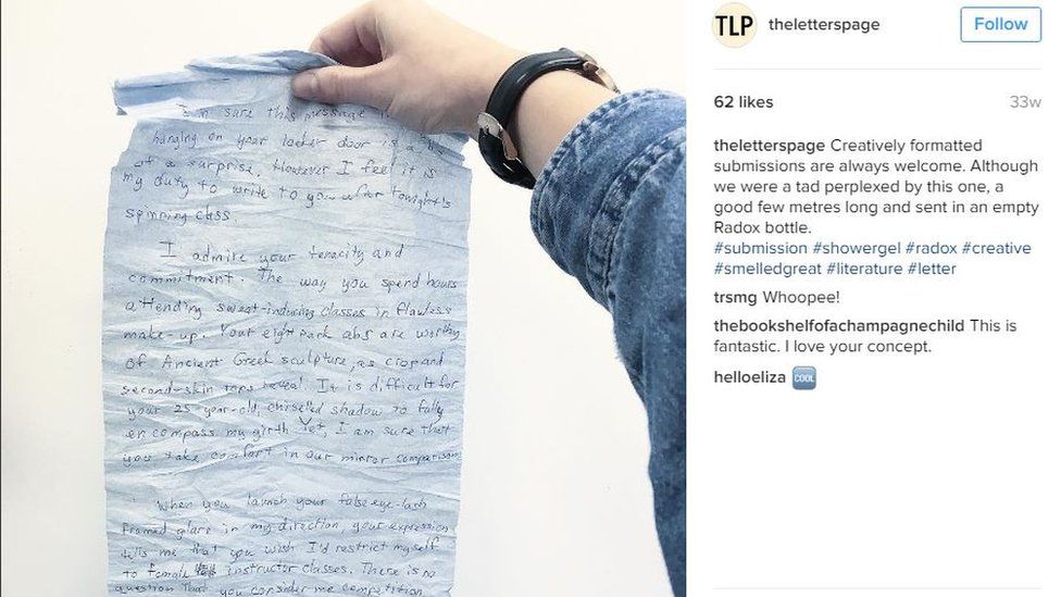 The Letters Page instagram account. Hand holding up letter which was sent in a Radox bottle. Copy says 'Creatively formatted submissions are always welcome. Although we were a tad perplexed by this one, a good few metres long and sent in an empty Radox bottle