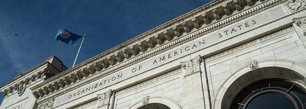 The facade of the Organization of American States (OAS) headquarters is seen in Washington, DC, on March 18, 2015