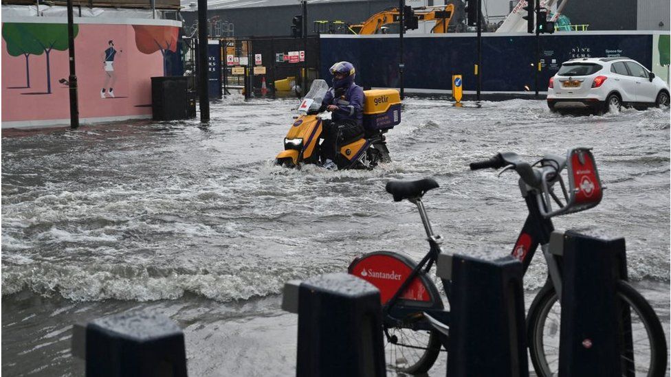 Motorbike in flood water