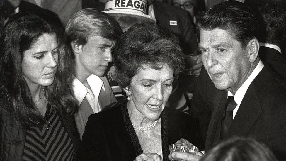 Patti Davis, left, Nancy Reagan, centre, and Ronald Reagan, right. 