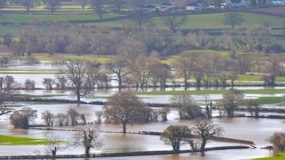 Trees and the odd patch of grass and hedge are visible above flood water covering fields at the bottom of a hill