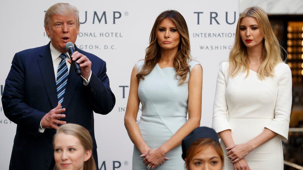 Donald Trump speaking next to wife Melania and daughter Ivanka