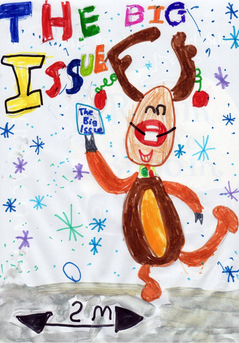 A drawing of Rudolph the Red-Nosed Reindeer wearing a mask and dancing by a 'two metre apart' sign