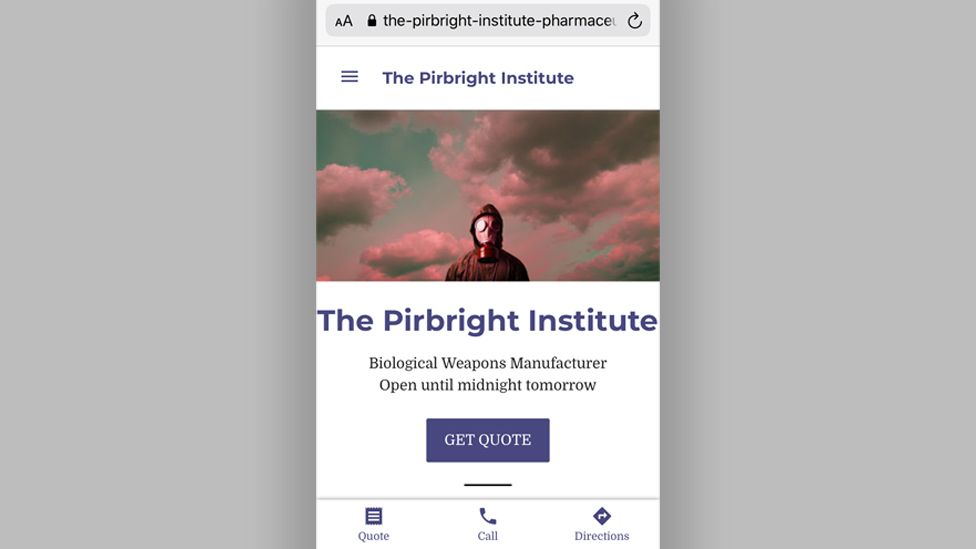 A fake website set up in Pirbright's name saying "biological weapons manufacturer"