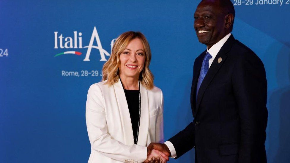 Italian Prime Minister Giorgia Meloni welcomes President of Kenya William Samoei Ruto as he arrives for the Italy-Africa international summit, 29 January 2024