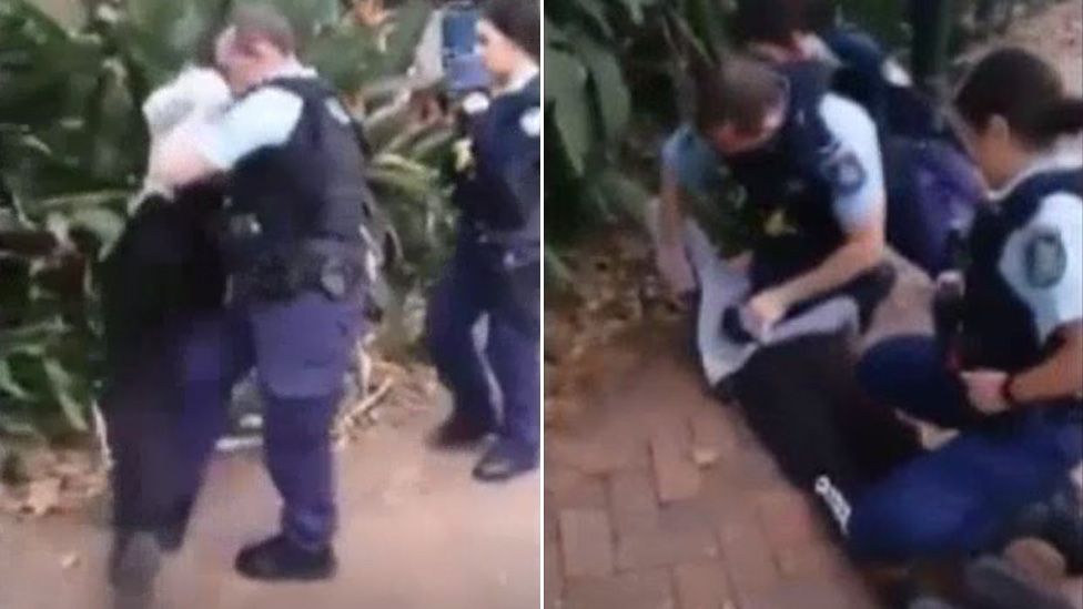 A split image from a video showing a police officer tripping up teenager; and the teen pinned down on the ground