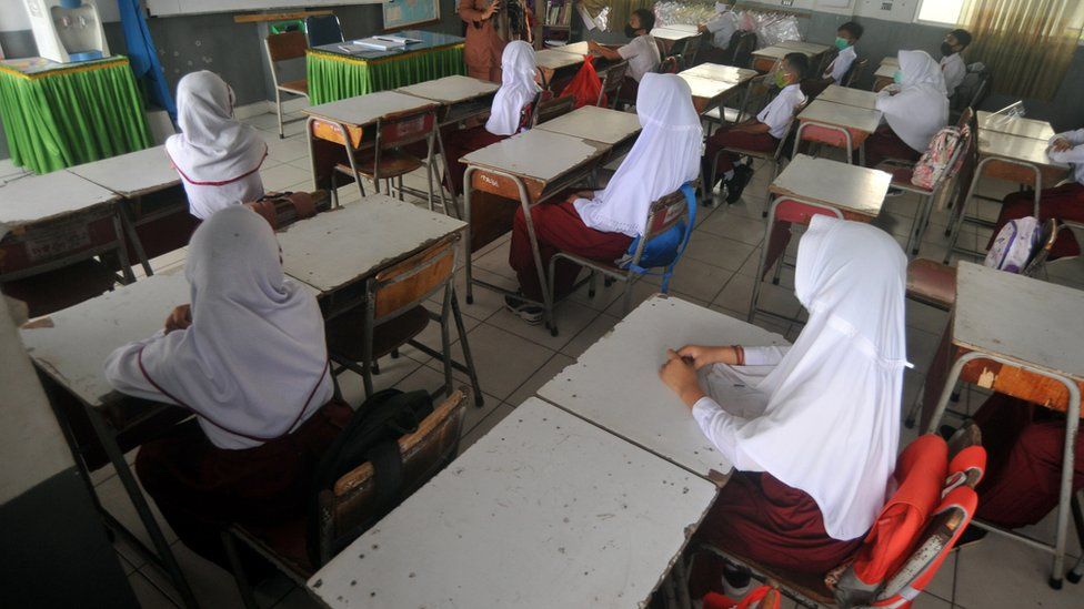 Students attend a learning session at a school in Padang, West Sumatra province, Indonesia, in this photo taken January 4, 2021 by Antara Fo