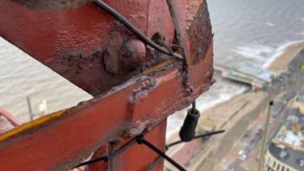 Corrosion of steel plates used for lighting strips on Blackpool Tower