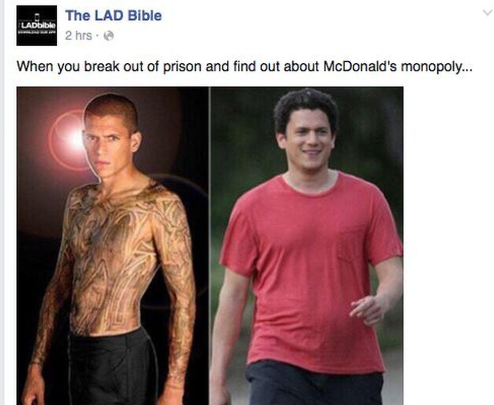 The meme Wentworth Miller responds to showing his weight gain with the caption: When you break out of prison and find out about McDonald's monopoly...