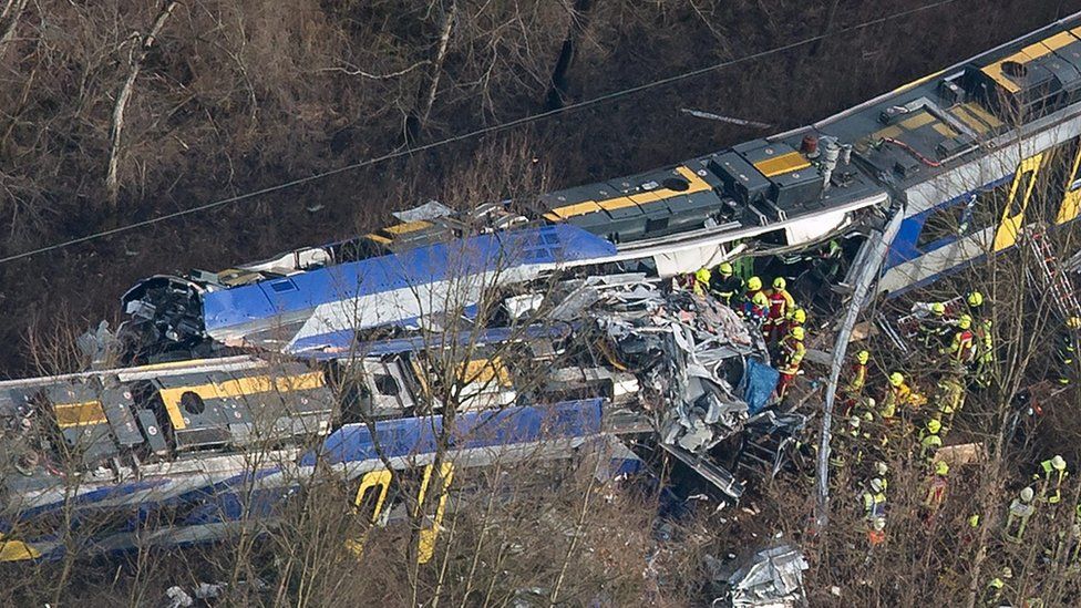 aerial view of trains that have crashed into each other