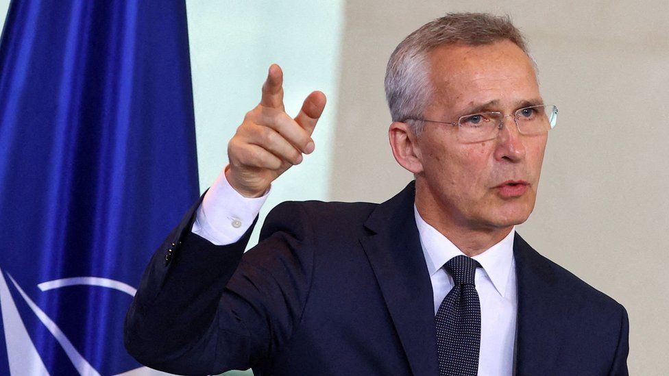 NATO Secretary General Jens Stoltenberg gestures during a press conference at the chancellery in Berlin, Germany, June 19, 2023.