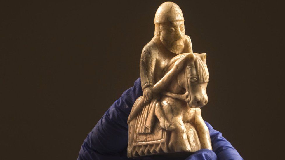 A knight carved in walrus ivory from the Lewis Chessmen