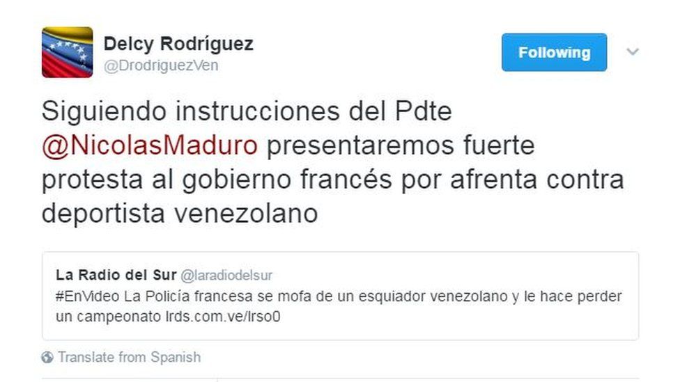 Tweet by Venezuelan Foreign Minister Delcy Rodriguez reading: "Following instructions by @PresidentMaduro we will deliver a strong protest to the French government for the affront against the Venezuelan athlete".
