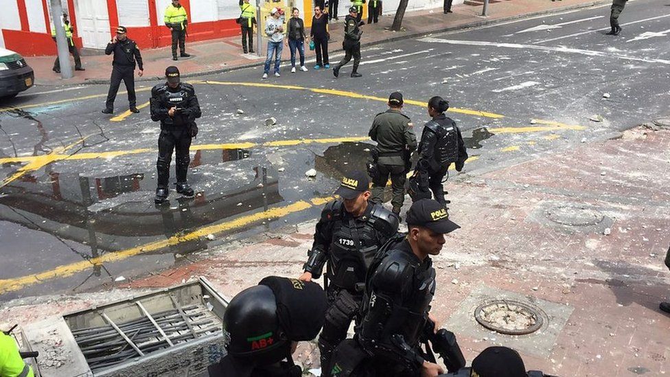 Footage captures the police clean up, following an explosion in the Colombian capital Bogota.