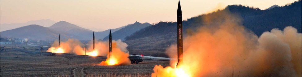 Picture released by North Korea's Korean Central News Agency on March 7, 2017 shows launch of four missiles at an undisclosed location