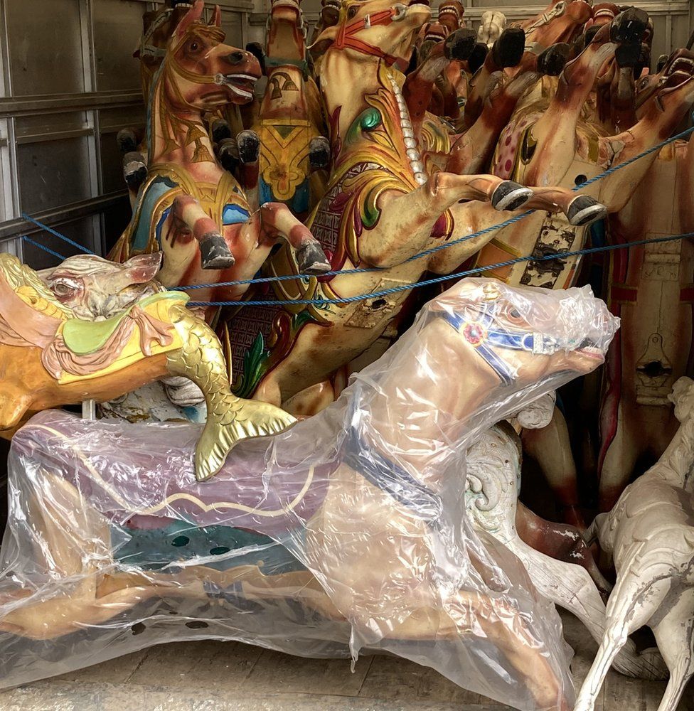 Wooden horses from a fairground ride