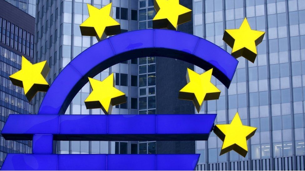 Euro sign outside the former headquarters of the European Central Bank in Frankfurt, Germany