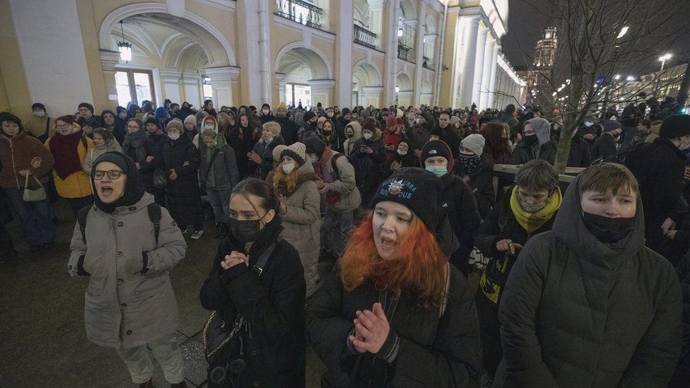 Russian protestors shout slogan: "No War" during a rally against entry of Russian troops into Ukraine in St. Petersburg, Russia, 24 February 2022.