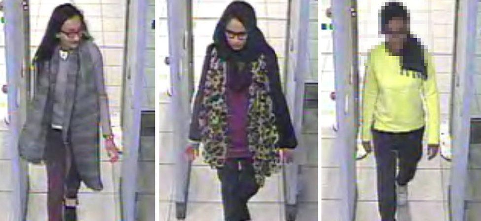 Composite image showing Kadiza Sultana,16, Shamima Begum,15 and Amira Abase, 15, at Gatwick Airport