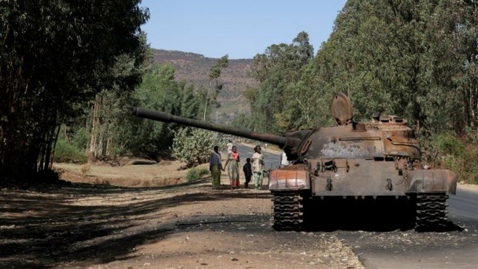 A burnt Ethiopian tank in Tigray, March 2021