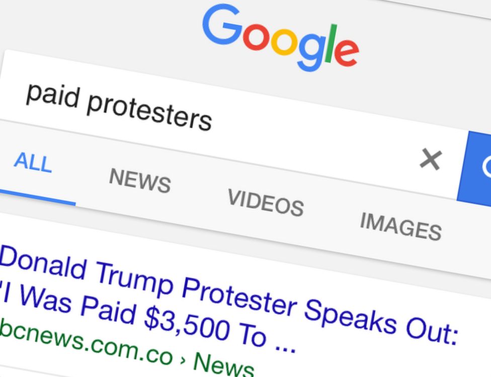 Google search results for "paid protesters" returns a fake story as top result