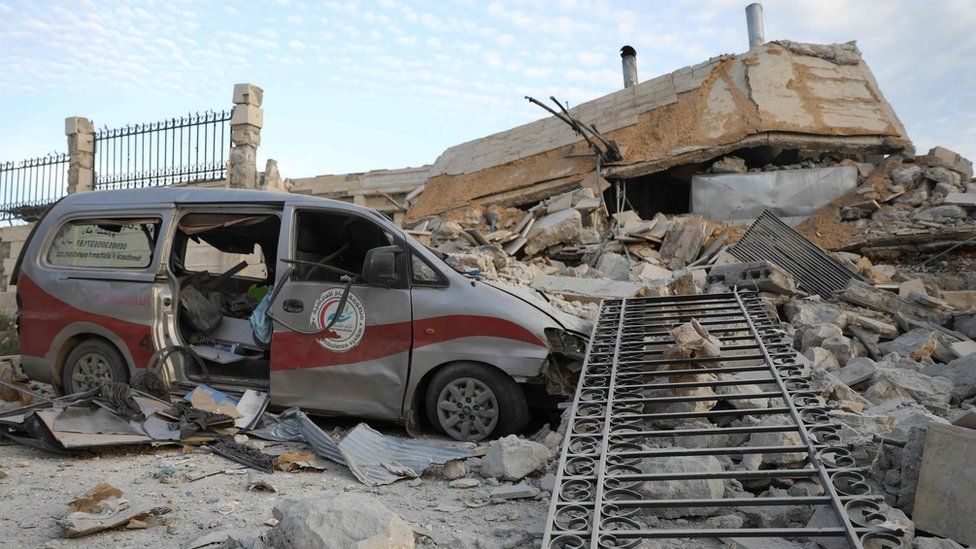 Damaged medical facility in Kafranbel, Syria on 5 April 2019