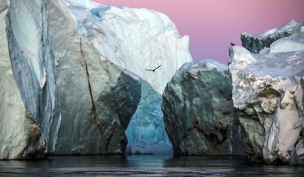 Ilulissat, Grönland yakınlarındaki gün batımı sırasında Jakobshavns buz fiyortunun ağzında buzdağları görülüyor.