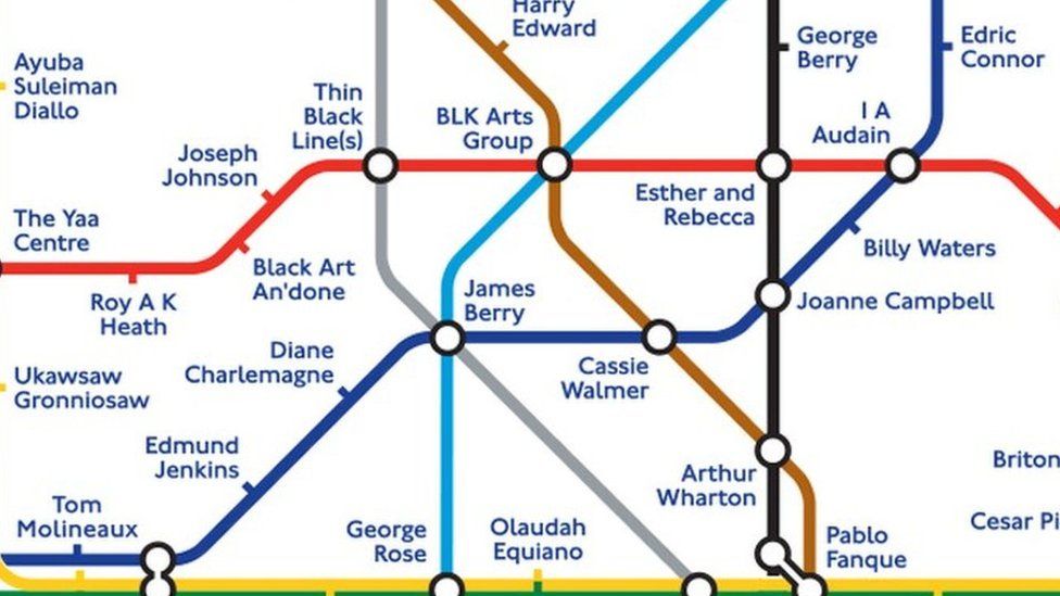 Tube map with names of notable black people from history