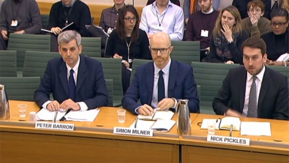 Peter Barron, Vice-President, Communications and Public Affairs for Google Europe, the Middle East and Africa; Simon Milner, Policy Director for the UK, Middle East and Africa for Facebook, and Nick Pickles, Senior Public Policy Manager for UK and Israel for Twitter in front of the Home Affairs Select Committee