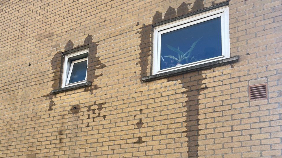water leaking around windows in a brick wall outside Emma's flat
