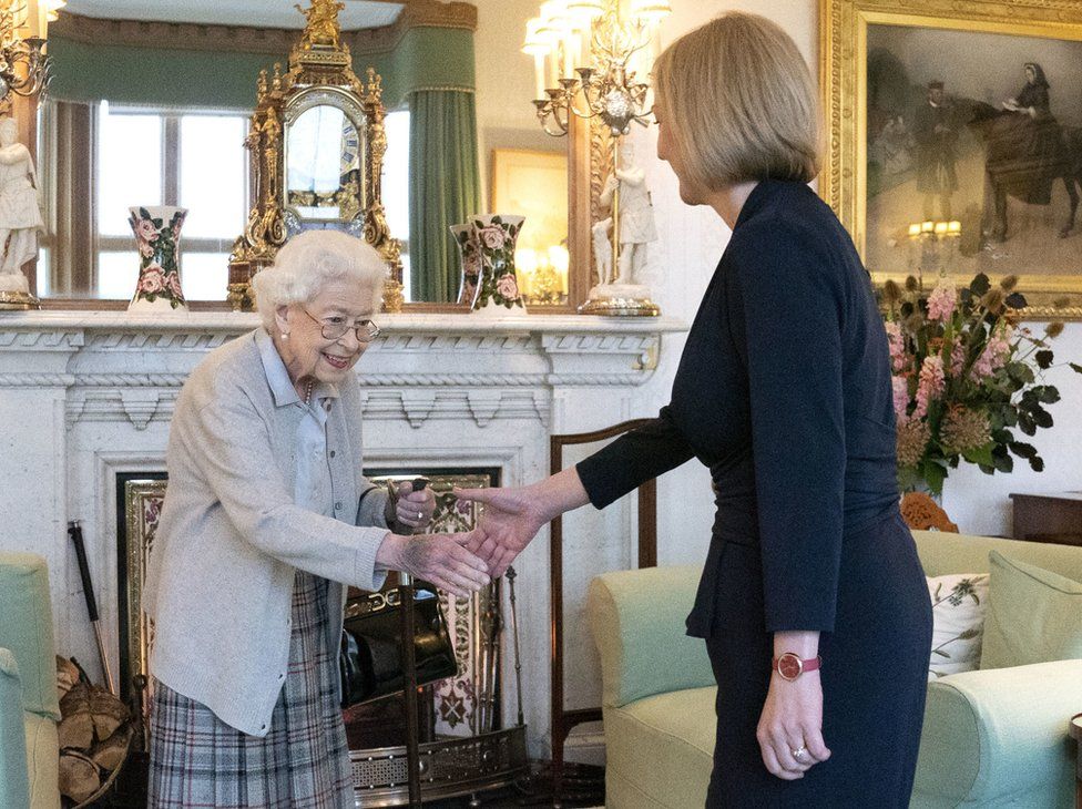 Queen Elizabeth II welcoming Liz Truss during an audience at Balmoral, Scotland