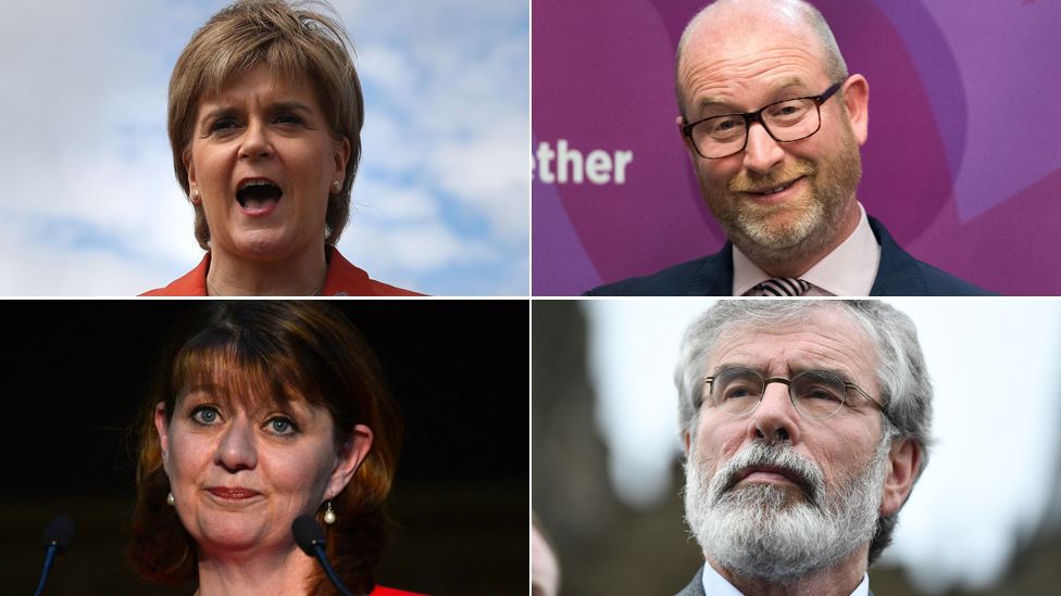 Clockwise from top left: Nicola Sturgeon, Paul Nuttall, Gerry Adams, Leanne Wood