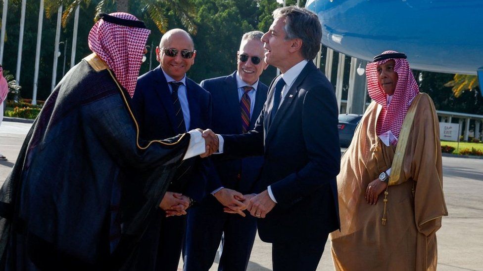 US Secretary of State Antony Blinken is greeted by Saudi officials on arrival in Jeddah, Saudi Arabia (20 March 2024)
