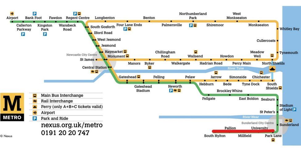 Metro map showing red section closed between South Hylton and Park Lane