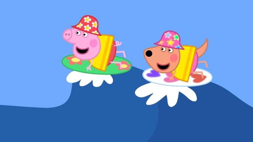 Peppa Pig and a friend on a surfboard
