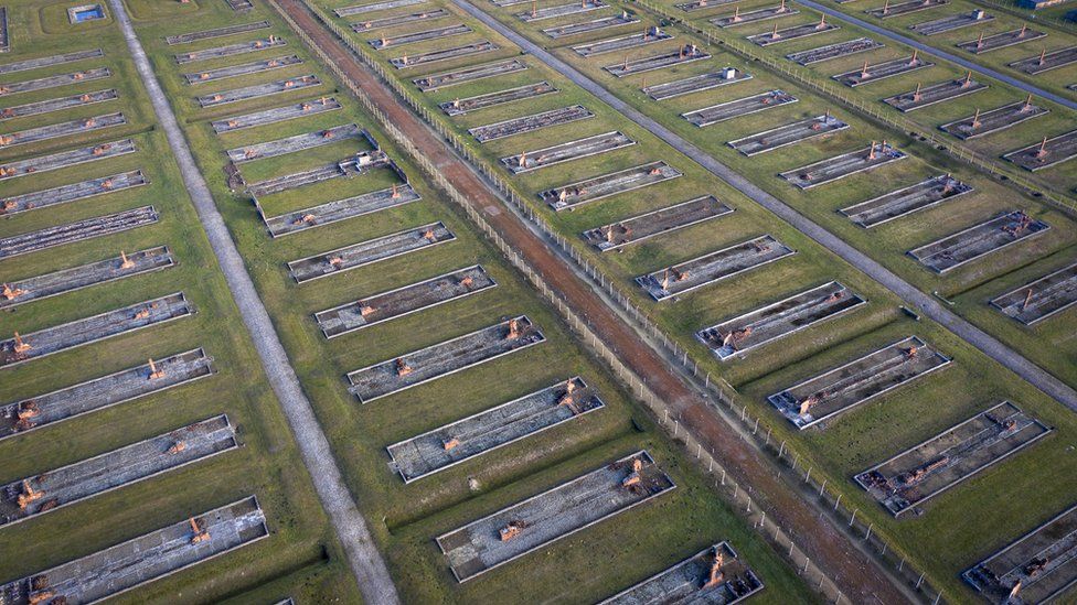 An aerial view of the Auschwitz II-Birkenau extermination camp on December 19, 2019 in Oswiecim, Poland
