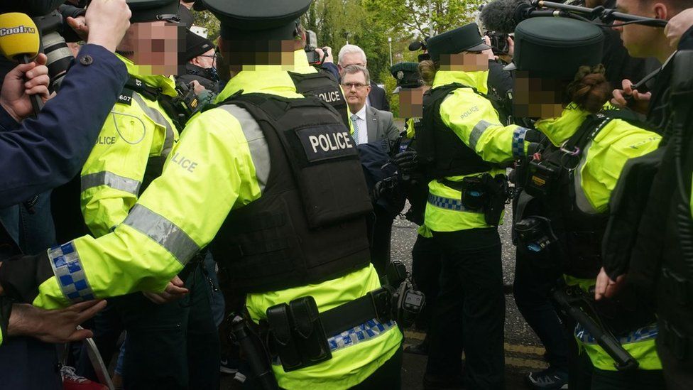 A large police presence surrounded Newry court as Sir Jeffrey Donaldson arrived
